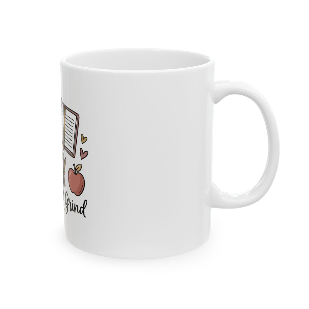 Grace Over Grind Ceramic Mug — Teacher Coffee Cup with Books, Apple & 'Grace Over Grind' Typography