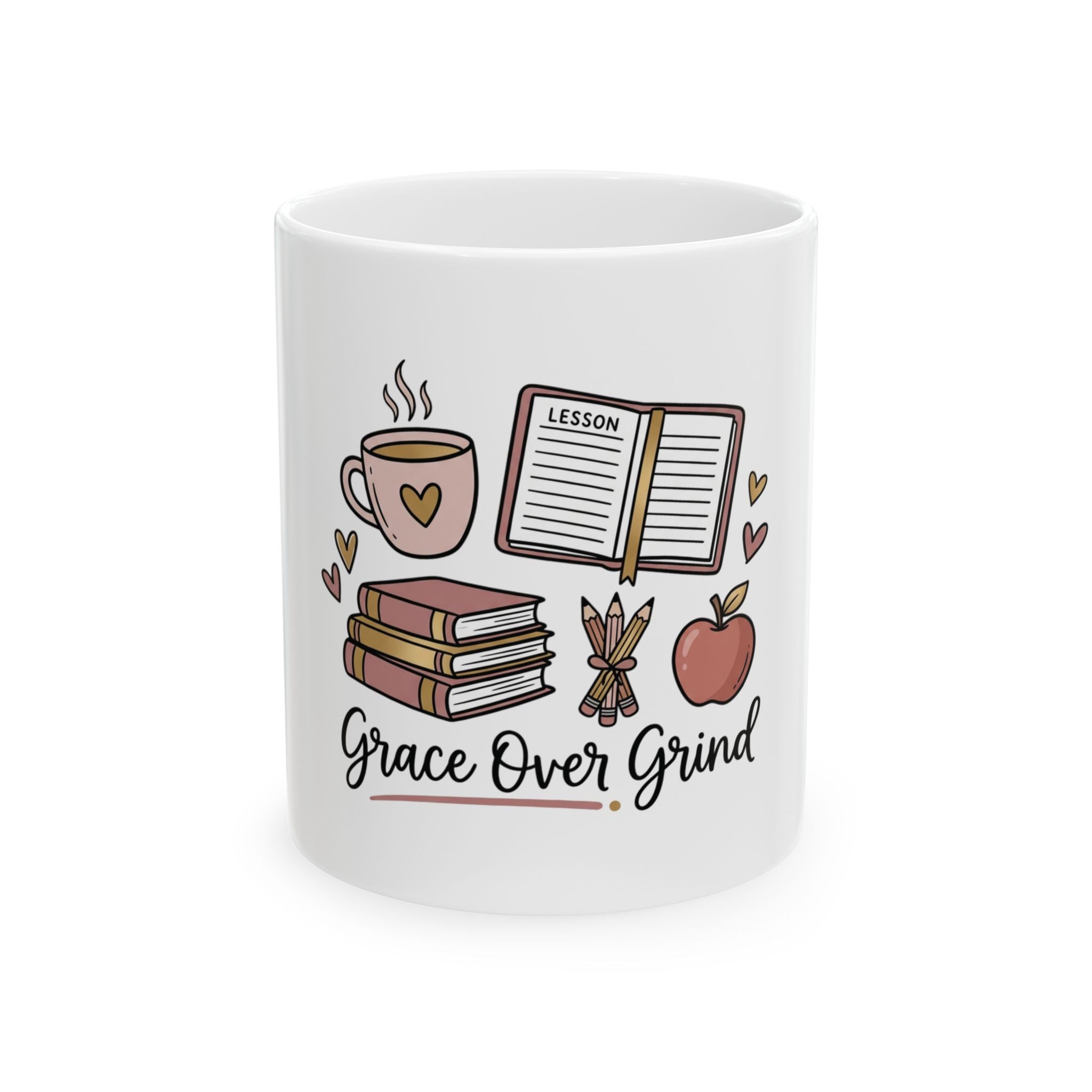 Grace Over Grind Ceramic Mug — Teacher Coffee Cup with Books, Apple & 'Grace Over Grind' Typography