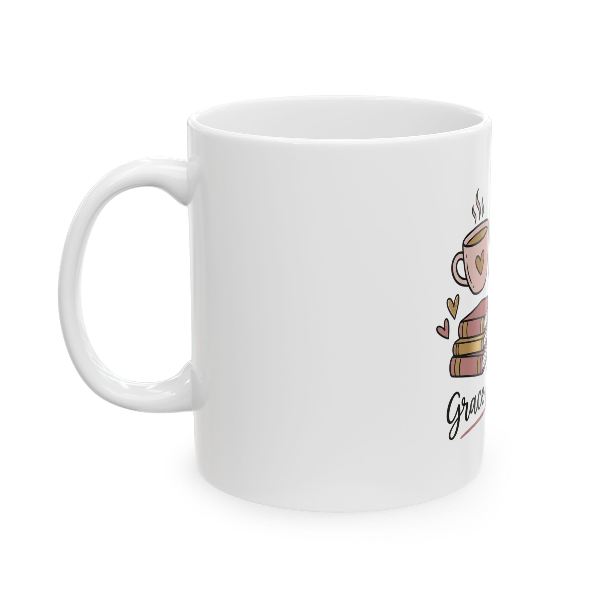 Grace Over Grind Ceramic Mug — Teacher Coffee Cup with Books, Apple & 'Grace Over Grind' Typography